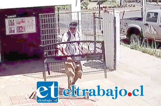 El momento exacto cuando el antisocial se apodera de la banca perteneciente a la Clínica Veterinaria PuntoVet, ubicada en la intersección de las avenidas Miraflores con Yungay en San Felipe.