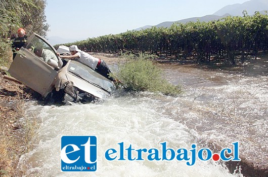 En la tarde de este sábado, un automóvil Toyota Yaris, color blanco, terminó dentro de las torrentosas aguas del canal revestido de Putaendo, a la altura del sector los Tres Puentes.