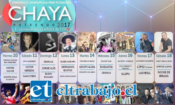 El carnaval 2017, contempla a 27 artistas, destacando a Víctor Heredia, Illapu, Lucybell, Jorge Alís, Marcos Llunas, Noche de Brujas, entre otros. Además se recibirán donaciones, que irán en ayuda a las víctimas de los incendios forestales. El carnaval 2017, contempla a 27 artistas, destacando a Víctor Heredia, Illapu, Lucybell, Jorge Alís, Marcos Llunas, Noche de Brujas, entre otros. Además se recibirán donaciones, que irán en ayuda a las víctimas de los incendios forestales.