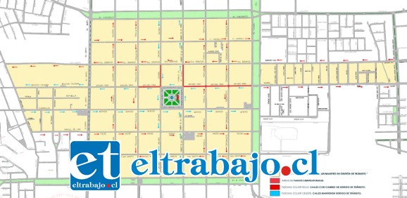 El esquema muestra el sentido que tendrán las calles, como asimismo las calles semipeatonales.