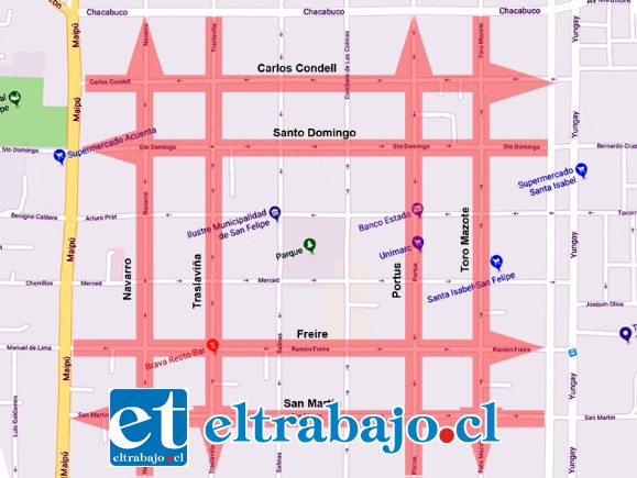 Este es plano con las calles que cambiarán su actual sentido de tránsito en San Felipe.