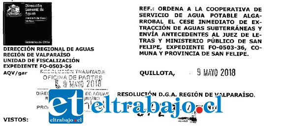 TAN CLARO COMO EL AGUA.- Desde Quillota llegó la notificación, misma que aún no se ha ejecutado.