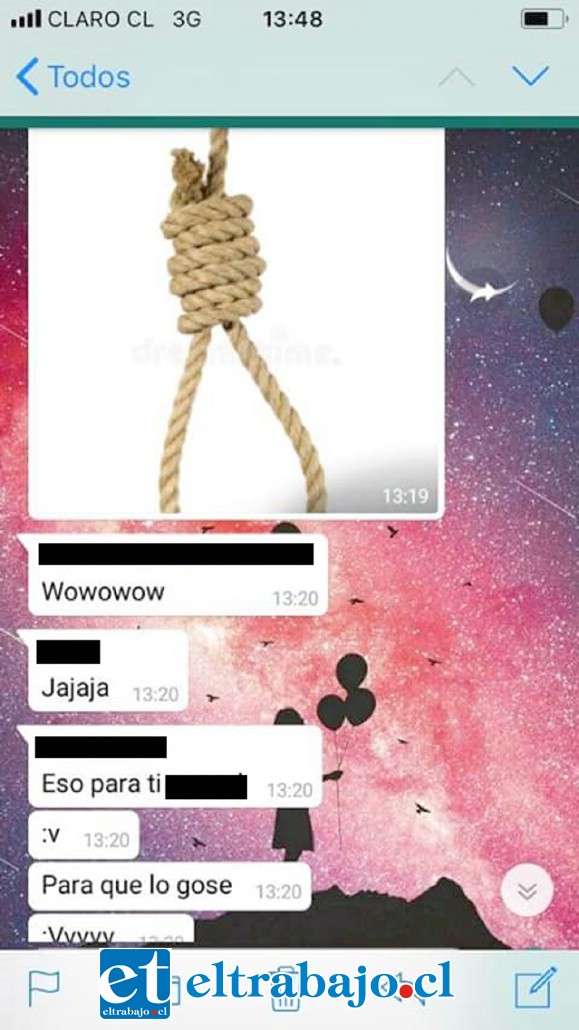 Una de las fotografías que enviaron a una de las niñas afectadas por bullying, donde le recomiendan quitarse la vida.