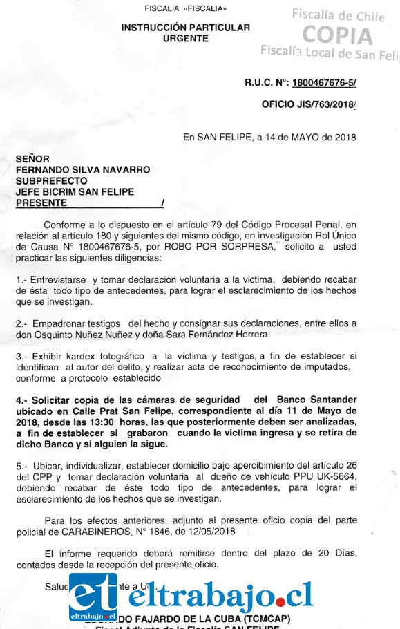 BICRIM EN SILENCIO.- Este documento confirma la orden emitida por la Fiscalía a la Bicrim, la víctima asegura que nunca lo han llamado para informar avances.