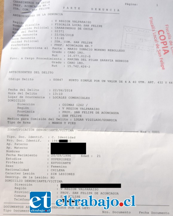 ¿QUIÉN PODRÁ DEFENDERNOS?- Esta es parte de la denuncia presentada a Carabineros por la víctima.