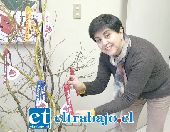 Una profesional dejando su huella en el árbol con la cinta.
