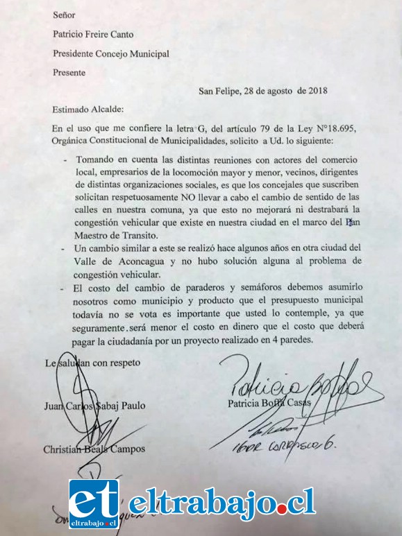 La carta firmada por los cinco ediles que piden no aplicar el plan maestro de gestión de tránsito.