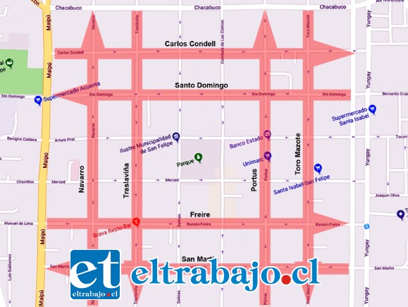 Este es el plano de las calles que cambiarán de sentido en el damero central. En el fondo son todas, exceptuando las cuatro alamedas y las cuatro que rodean la plaza (Salinas, Merced, Coimas, Prat).