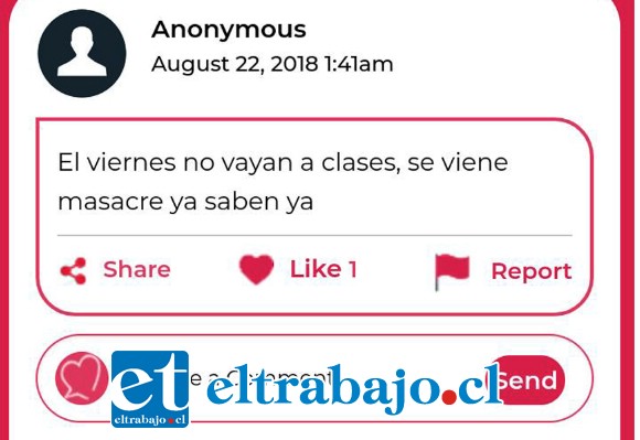 Uno de los mensajes en que el autor anónimo advierte a sus compañeros que asistan a clases hoy viernes.