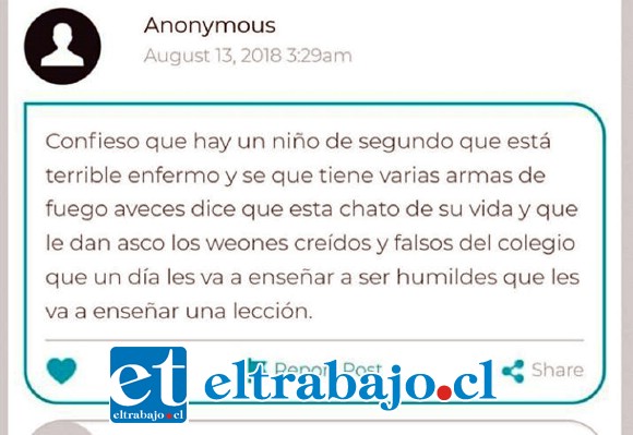 En otro texto, el mismo personaje ‘Anonymous’, se refiere a un supuesto compañero que cometería la masacre.