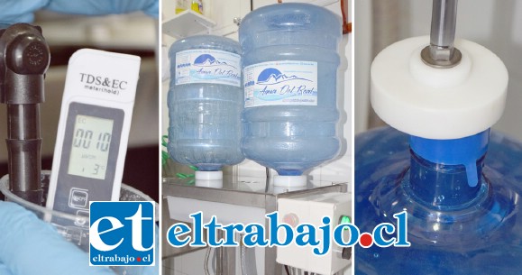PROCESO DE ENVASE.- Medición de niveles químicos, lavado, llenado y sellado de recipientes de la mejor agua del Valle de Aconcagua.