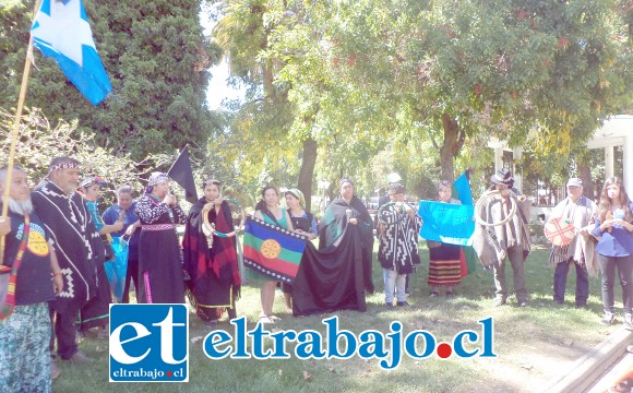 Los mapuches en la plaza de armas antes de iniciar el camino a la gobernación.