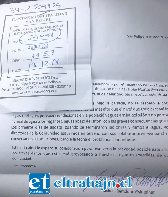 ENVIARON CARTA.- En esta carta, enviada a las autoridades, el administrador de Canal El Pueblo también hizo sus reclamos al municipio.