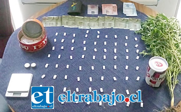 Personal de la PDI incautó papelillos de pasta base, dos plantas de cannabis sativa y dinero en efectivo desde el inmueble de los imputados en Villa España de Santa María.