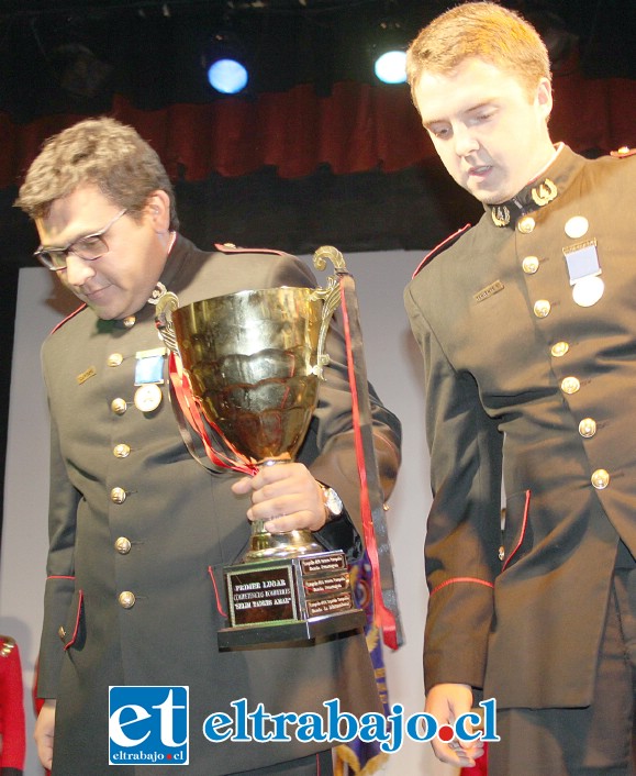 LOS MEJORES.- Camilo Jara Navarrete y Felipe Olfos Barrientos, ambos de la Cuarta Compañía, retienen la Copa que los destaca como ganadores de las de prácticas bomberiles Selim Tadres Amar.
