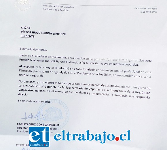 Esta es la carta respuesta enviada desde la presidencia de la república a ‘Vitoko’ Urbina, hincha emblemático de Unión San Felipe.