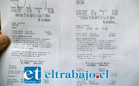Acá vemos los pasajes que compró y no ocupó en la empresa Eme Bus. Ida y vuelta. A la derecha el de ida a las 07:30 horas del mismo viernes 19 de abril.