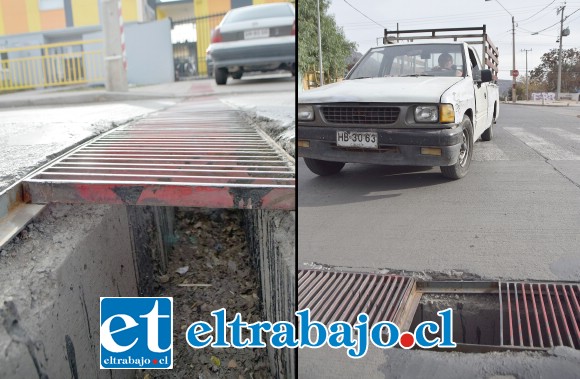 URGE REPARACIÓN.- Así está la rejilla que permite el paso entre estas dos enormes placas de pavimento, frente al Jardín Infantil Las Acacias.