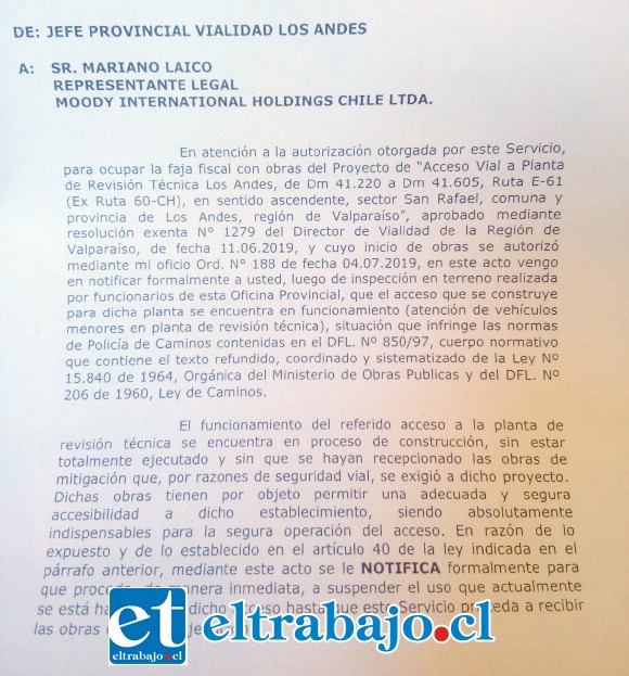 El documento de la dirección provincial de Vialidad de Los Andes sobre las observaciones a la planta nueva de revisión técnica.