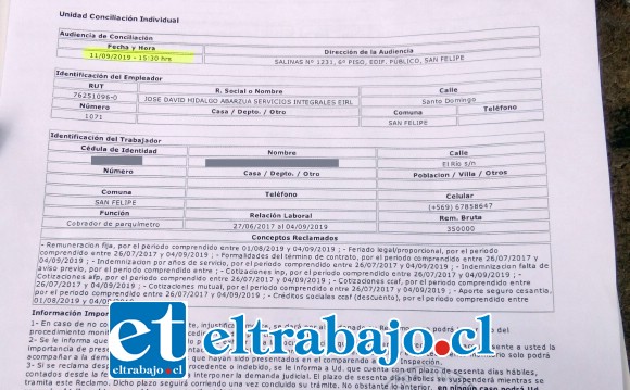 Acá una copia de la denuncia estampada en la inspección del trabajo.