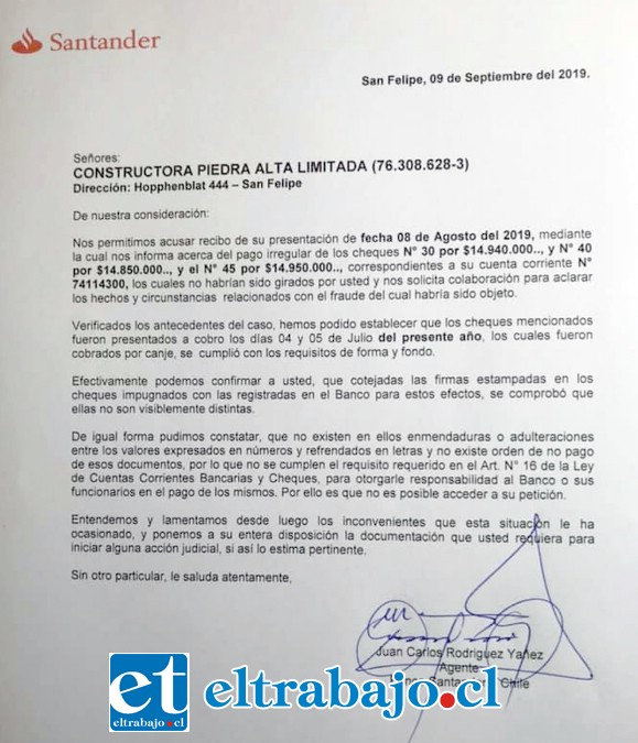 Esta es la carta respuesta que envió Banco Santander.