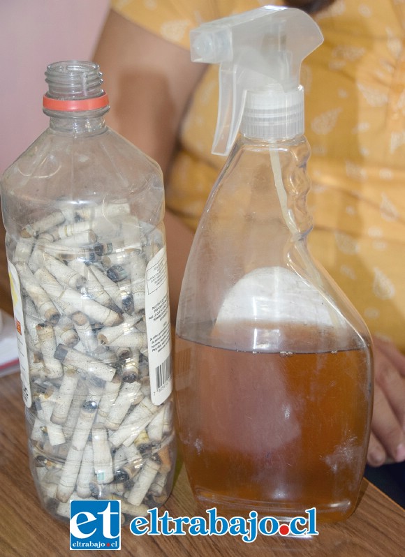 ORIGINAL INVENTO.- Este es el repelente de insectos que fabricaron los estudiantes de la Escuela San Rafael, tomando como base las colillas de cigarro.
