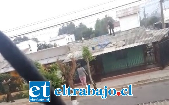 En la secuencia de imágenes se aprecia el momento registrado por testigos desde un teléfono celular, donde el antisocial cae desde la techumbre de la vivienda hasta ser reducido por personal de Carabineros de la subcomisaría de Llay Llay la mañana de este sábado.