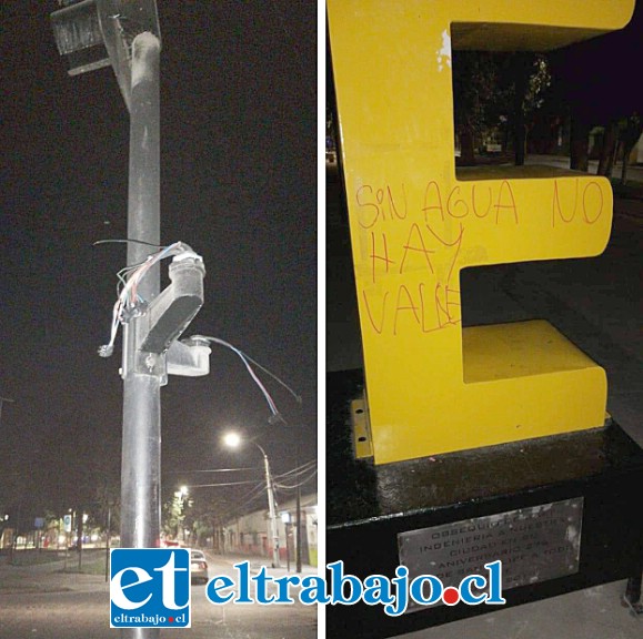 Semáforos y señalética de tránsito fueron destruidas, mientras consignas fueron escritas por desconocidos en las Letras Corpóreas.