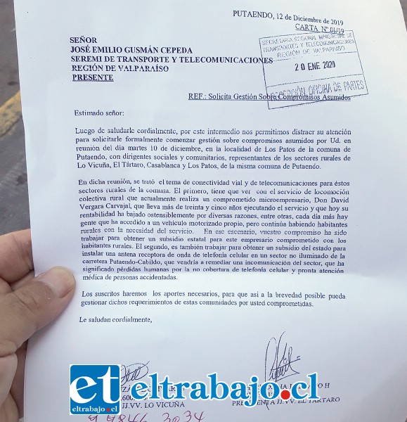 Este es el documento que entregó el Core Stevenson Velasco en la Seremi de Transporte y Telecomunicaciones de Valparaíso.