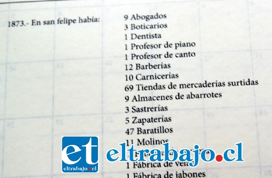 DETALLES VALIOSOS.- En esta página por ejemplo, se informa de la cantidad de abogados, carnicerías y profesores de piano existían en el año 1873 en nuestra ciudad.