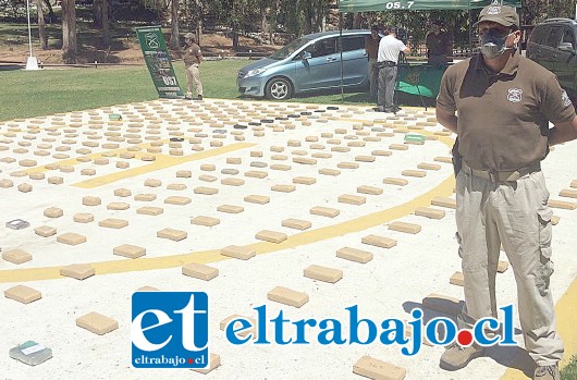 El cargamento incautado por efectivos de OS7 de Carabineros equivale a 523 paquetes consistentes en 61 kilos 366 gramos de clorhidrato de cocaína, 47 kilos 381 gramos de pasta base y 409 kilos de marihuana tipo prensada.