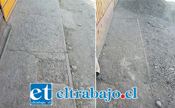 Algunas de las veredas en mal estado que debieran construirse según el proyecto aceptado.