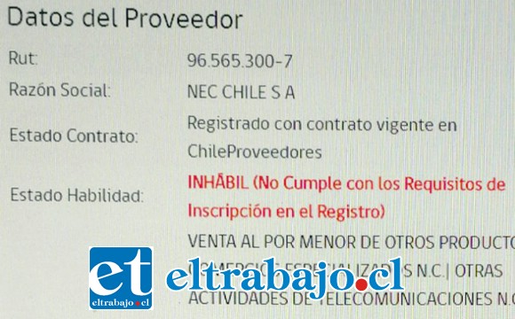 Acá se puede apreciar que la empresa está inhabilitada.