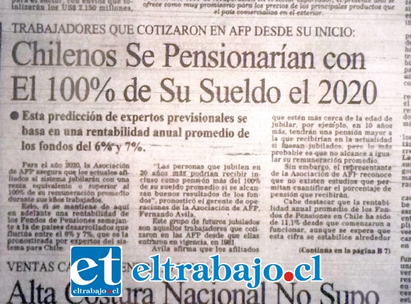 Titular de una nota en El Mercurio, donde dice que los chilenos se van a pensionar con el 100% de su sueldo.