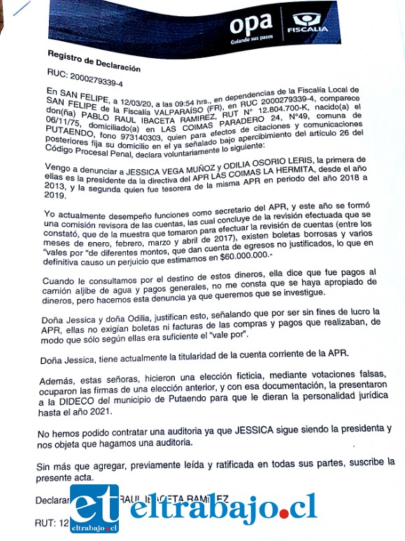 Copia de la denuncia estampada en fiscalía de San Felipe.