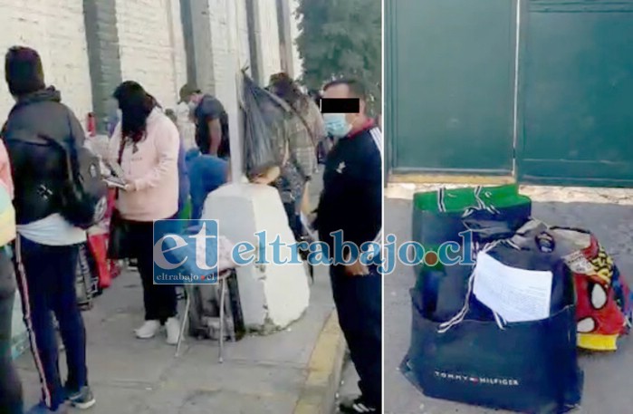 CASTIGADA.- Aquí vemos las bolsas con ropa y artículos personales del interno, que Gendarmería rechazó su ingreso al centro penal, también la fila de familiares de internos.