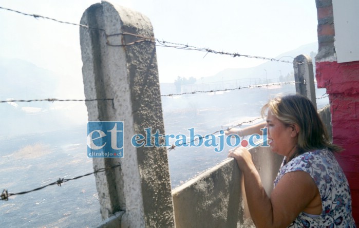 CUIDANDO SU HOGAR.- Esta vecina con su manguera atacó las llamas también, las cámaras de Diario El Trabajo registraron el momento.