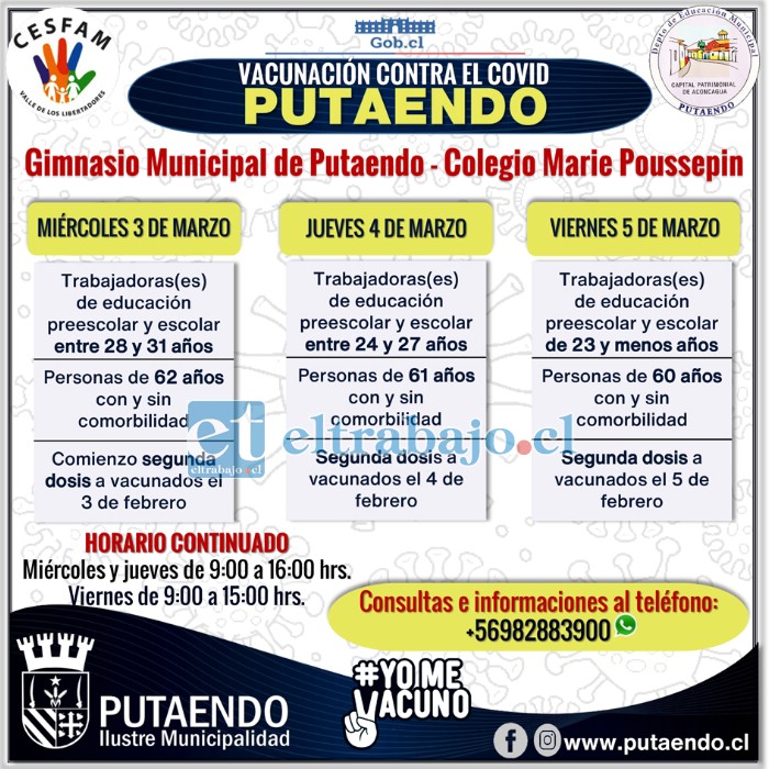 Este es el calendario de vacunación para esta semana en el nuevo centro de vacunación habilitado en Gimnasio Municipal de Putaendo.